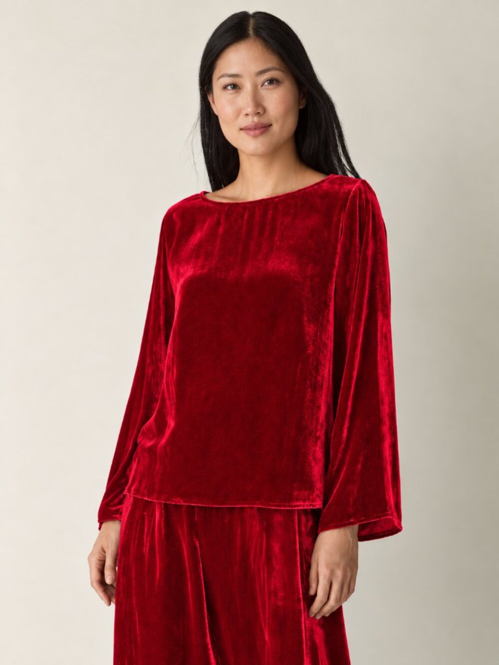 Eileen Fisher Ruby Red Velvet Bateau Neck Flare Sleeve Top L